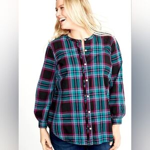 Old Navy Blue, Green, Red Plaid Buttondown Shirt with Ruffle Accents, Size Large